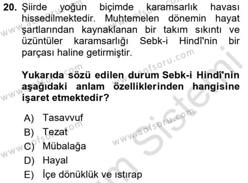 XVII. Yüzyıl Türk Edebiyatı Dersi 2023 - 2024 Yılı (Vize) Ara Sınavı 20. Soru