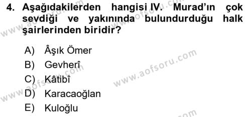 XVII. Yüzyıl Türk Edebiyatı Dersi 2023 - 2024 Yılı (Vize) Ara Sınavı 4. Soru