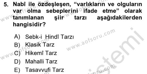 XVII. Yüzyıl Türk Edebiyatı Dersi 2023 - 2024 Yılı (Vize) Ara Sınavı 5. Soru