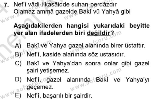 XVII. Yüzyıl Türk Edebiyatı Dersi 2023 - 2024 Yılı (Vize) Ara Sınavı 7. Soru