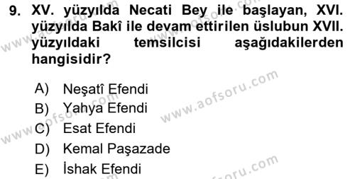 XVII. Yüzyıl Türk Edebiyatı Dersi 2023 - 2024 Yılı (Vize) Ara Sınavı 9. Soru