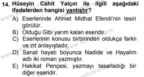 2. Abdülhamit Dönemi Türk Edebiyatı Dersi 2012 - 2013 Yılı (Vize) Ara Sınavı 14. Soru