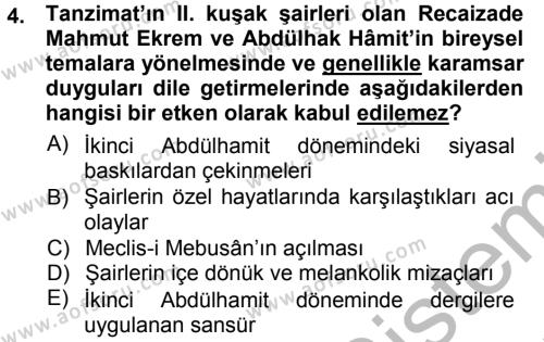 2. Abdülhamit Dönemi Türk Edebiyatı Dersi 2012 - 2013 Yılı (Vize) Ara Sınavı 4. Soru