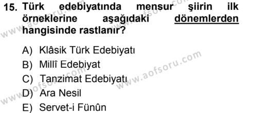 2. Abdülhamit Dönemi Türk Edebiyatı Dersi 2012 - 2013 Yılı (Final) Dönem Sonu Sınavı 15. Soru