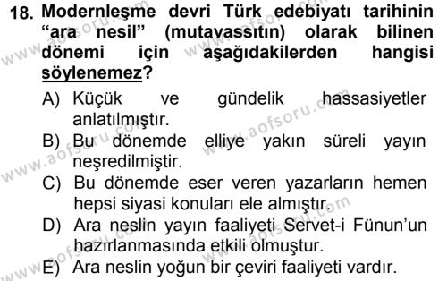 2. Abdülhamit Dönemi Türk Edebiyatı Dersi 2012 - 2013 Yılı (Final) Dönem Sonu Sınavı 18. Soru