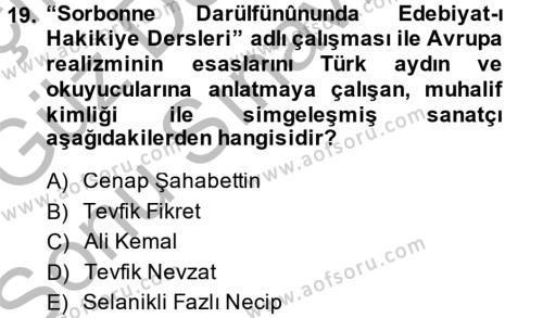 2. Abdülhamit Dönemi Türk Edebiyatı Dersi 2014 - 2015 Yılı (Final) Dönem Sonu Sınavı 19. Soru