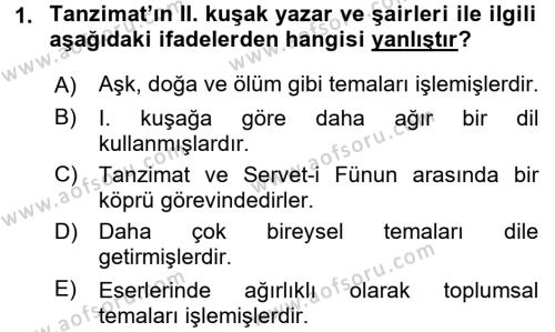 2. Abdülhamit Dönemi Türk Edebiyatı Dersi 2015 - 2016 Yılı (Final) Dönem Sonu Sınavı 1. Soru