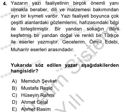 2. Abdülhamit Dönemi Türk Edebiyatı Dersi 2016 - 2017 Yılı 3 Ders Sınavı 4. Soru
