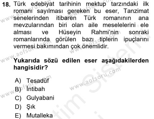 2. Abdülhamit Dönemi Türk Edebiyatı Dersi 2017 - 2018 Yılı (Final) Dönem Sonu Sınavı 18. Soru