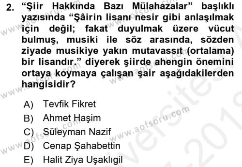 2. Abdülhamit Dönemi Türk Edebiyatı Dersi 2017 - 2018 Yılı (Final) Dönem Sonu Sınavı 2. Soru
