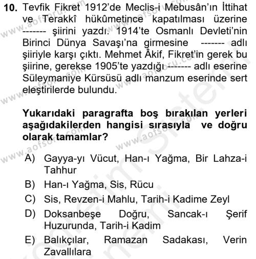 2. Abdülhamit Dönemi Türk Edebiyatı Dersi 2018 - 2019 Yılı (Vize) Ara Sınavı 10. Soru