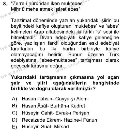 2. Abdülhamit Dönemi Türk Edebiyatı Dersi 2018 - 2019 Yılı (Vize) Ara Sınavı 8. Soru