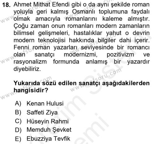 2. Abdülhamit Dönemi Türk Edebiyatı Dersi 2018 - 2019 Yılı (Final) Dönem Sonu Sınavı 18. Soru