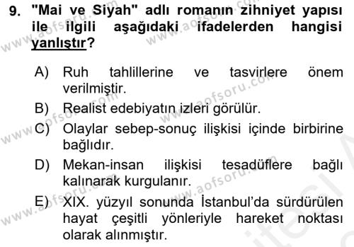 2. Abdülhamit Dönemi Türk Edebiyatı Dersi 2018 - 2019 Yılı (Final) Dönem Sonu Sınavı 9. Soru