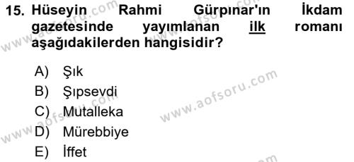 2. Abdülhamit Dönemi Türk Edebiyatı Dersi 2018 - 2019 Yılı Yaz Okulu Sınavı 15. Soru