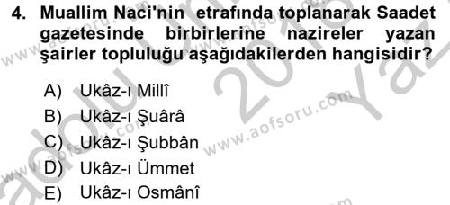 2. Abdülhamit Dönemi Türk Edebiyatı Dersi 2018 - 2019 Yılı Yaz Okulu Sınavı 4. Soru