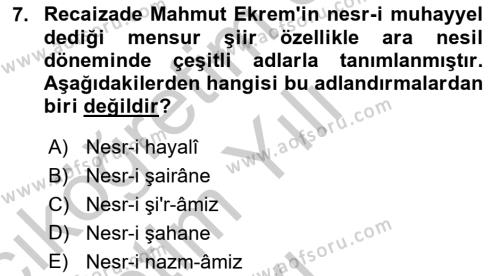 2. Abdülhamit Dönemi Türk Edebiyatı Dersi 2018 - 2019 Yılı Yaz Okulu Sınavı 7. Soru