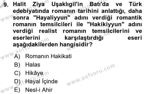 2. Abdülhamit Dönemi Türk Edebiyatı Dersi 2018 - 2019 Yılı Yaz Okulu Sınavı 9. Soru