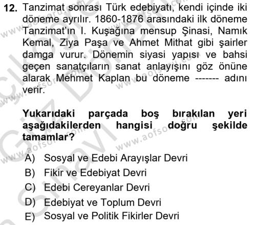 2. Abdülhamit Dönemi Türk Edebiyatı Dersi 2019 - 2020 Yılı (Vize) Ara Sınavı 12. Soru