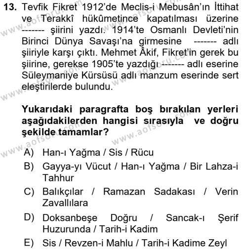 2. Abdülhamit Dönemi Türk Edebiyatı Dersi 2019 - 2020 Yılı (Vize) Ara Sınavı 13. Soru