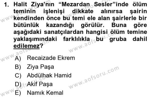 2. Abdülhamit Dönemi Türk Edebiyatı Dersi 2019 - 2020 Yılı (Final) Dönem Sonu Sınavı 1. Soru