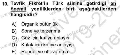 2. Abdülhamit Dönemi Türk Edebiyatı Dersi 2019 - 2020 Yılı (Final) Dönem Sonu Sınavı 10. Soru