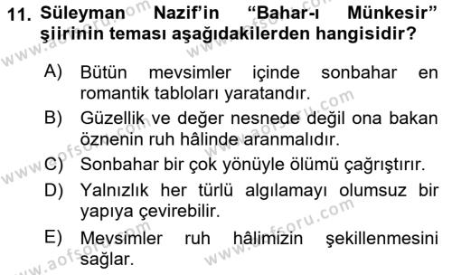 2. Abdülhamit Dönemi Türk Edebiyatı Dersi 2019 - 2020 Yılı (Final) Dönem Sonu Sınavı 11. Soru