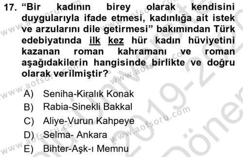 2. Abdülhamit Dönemi Türk Edebiyatı Dersi 2019 - 2020 Yılı (Final) Dönem Sonu Sınavı 17. Soru