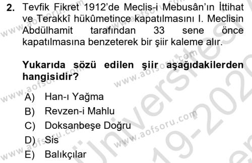 2. Abdülhamit Dönemi Türk Edebiyatı Dersi 2019 - 2020 Yılı (Final) Dönem Sonu Sınavı 2. Soru