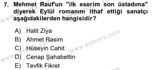 2. Abdülhamit Dönemi Türk Edebiyatı Dersi 2019 - 2020 Yılı (Final) Dönem Sonu Sınavı 7. Soru