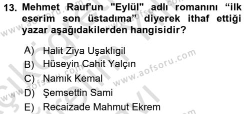 2. Abdülhamit Dönemi Türk Edebiyatı Dersi 2020 - 2021 Yılı Yaz Okulu Sınavı 13. Soru