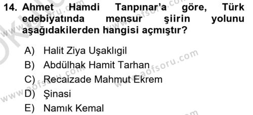 2. Abdülhamit Dönemi Türk Edebiyatı Dersi 2020 - 2021 Yılı Yaz Okulu Sınavı 14. Soru