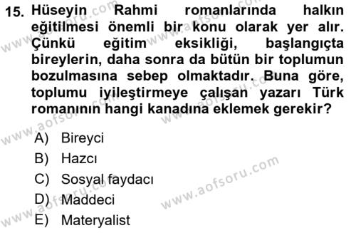 2. Abdülhamit Dönemi Türk Edebiyatı Dersi 2020 - 2021 Yılı Yaz Okulu Sınavı 15. Soru