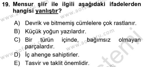 2. Abdülhamit Dönemi Türk Edebiyatı Dersi 2020 - 2021 Yılı Yaz Okulu Sınavı 19. Soru