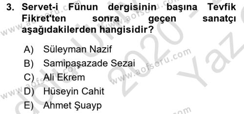 2. Abdülhamit Dönemi Türk Edebiyatı Dersi 2020 - 2021 Yılı Yaz Okulu Sınavı 3. Soru