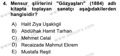 2. Abdülhamit Dönemi Türk Edebiyatı Dersi 2020 - 2021 Yılı Yaz Okulu Sınavı 4. Soru