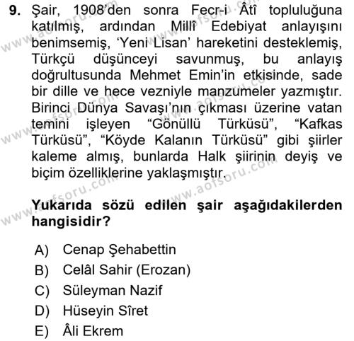 2. Abdülhamit Dönemi Türk Edebiyatı Dersi 2020 - 2021 Yılı Yaz Okulu Sınavı 9. Soru