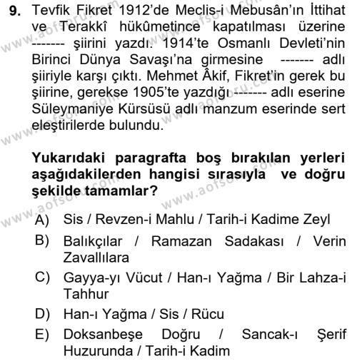 2. Abdülhamit Dönemi Türk Edebiyatı Dersi 2021 - 2022 Yılı (Vize) Ara Sınavı 9. Soru