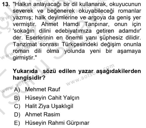 2. Abdülhamit Dönemi Türk Edebiyatı Dersi 2021 - 2022 Yılı (Final) Dönem Sonu Sınavı 13. Soru