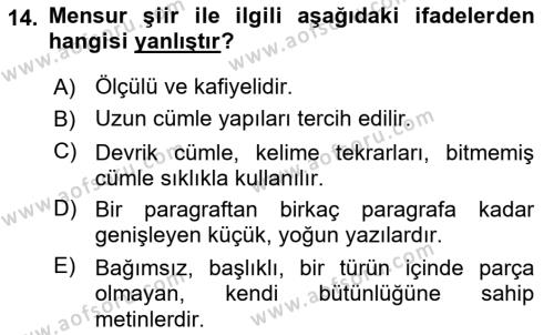 2. Abdülhamit Dönemi Türk Edebiyatı Dersi 2021 - 2022 Yılı (Final) Dönem Sonu Sınavı 14. Soru