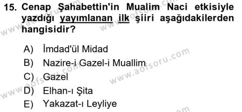 2. Abdülhamit Dönemi Türk Edebiyatı Dersi 2021 - 2022 Yılı (Final) Dönem Sonu Sınavı 15. Soru