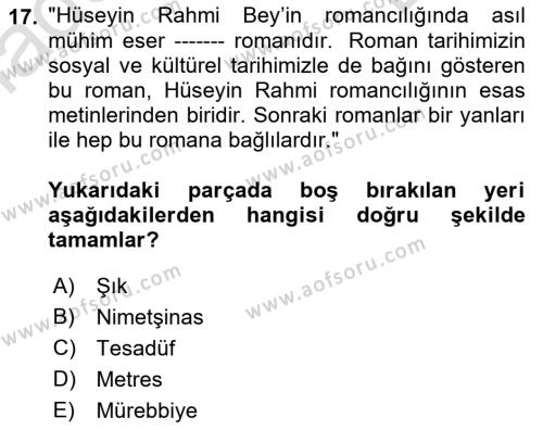 2. Abdülhamit Dönemi Türk Edebiyatı Dersi 2021 - 2022 Yılı (Final) Dönem Sonu Sınavı 17. Soru