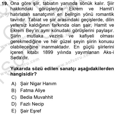 2. Abdülhamit Dönemi Türk Edebiyatı Dersi 2021 - 2022 Yılı (Final) Dönem Sonu Sınavı 19. Soru