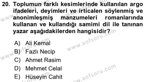 2. Abdülhamit Dönemi Türk Edebiyatı Dersi 2021 - 2022 Yılı (Final) Dönem Sonu Sınavı 20. Soru