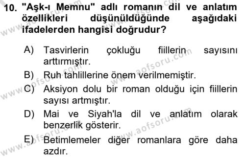 2. Abdülhamit Dönemi Türk Edebiyatı Dersi 2021 - 2022 Yılı Yaz Okulu Sınavı 10. Soru