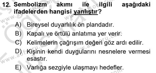 2. Abdülhamit Dönemi Türk Edebiyatı Dersi 2021 - 2022 Yılı Yaz Okulu Sınavı 12. Soru