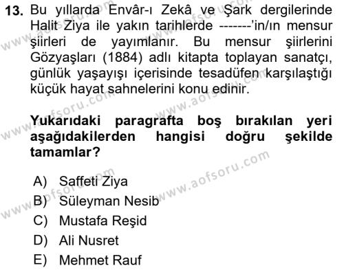 2. Abdülhamit Dönemi Türk Edebiyatı Dersi 2021 - 2022 Yılı Yaz Okulu Sınavı 13. Soru