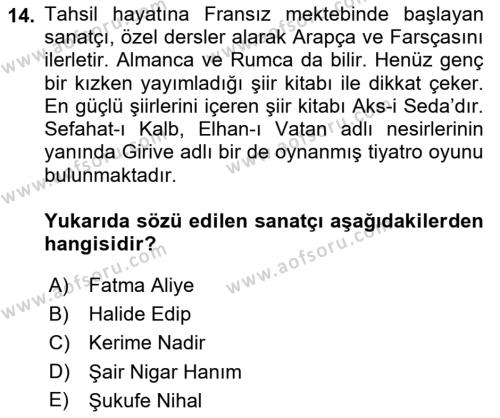 2. Abdülhamit Dönemi Türk Edebiyatı Dersi 2021 - 2022 Yılı Yaz Okulu Sınavı 14. Soru