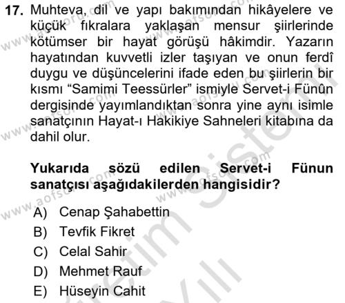 2. Abdülhamit Dönemi Türk Edebiyatı Dersi 2021 - 2022 Yılı Yaz Okulu Sınavı 17. Soru