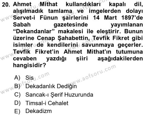 2. Abdülhamit Dönemi Türk Edebiyatı Dersi 2021 - 2022 Yılı Yaz Okulu Sınavı 20. Soru